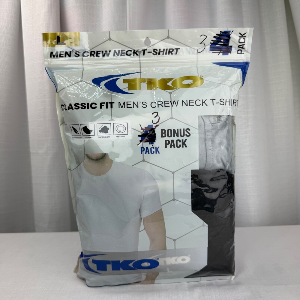 TKO Mens Crew Neck T-Shirt 3 Pack Black Grey Classic Fit Size Large L Polyester